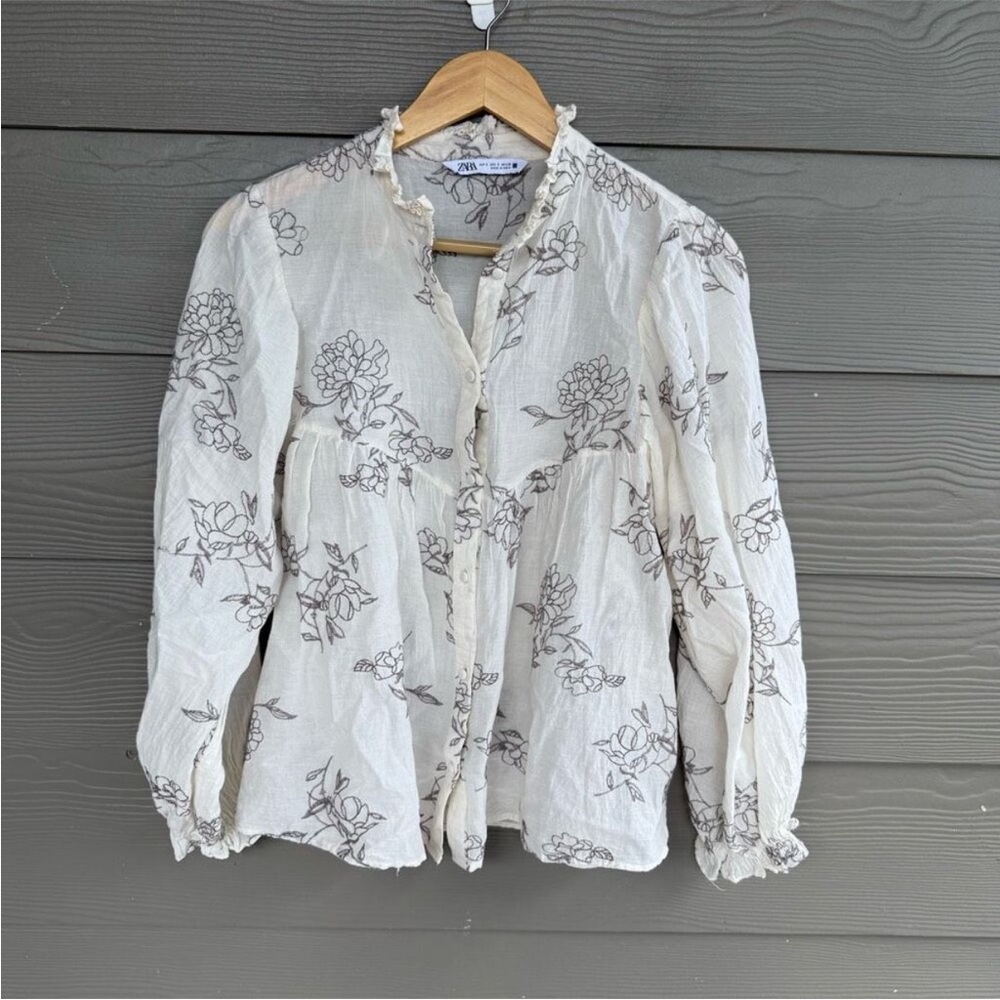 Zara cream floral puff long sleeve ruffle loose button front blouse top - Picture 2 of 3